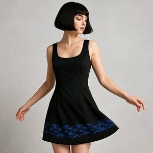 Express World Grand 2000s Y2K Black Mini Dress Blue Embroidery Rare Club Party